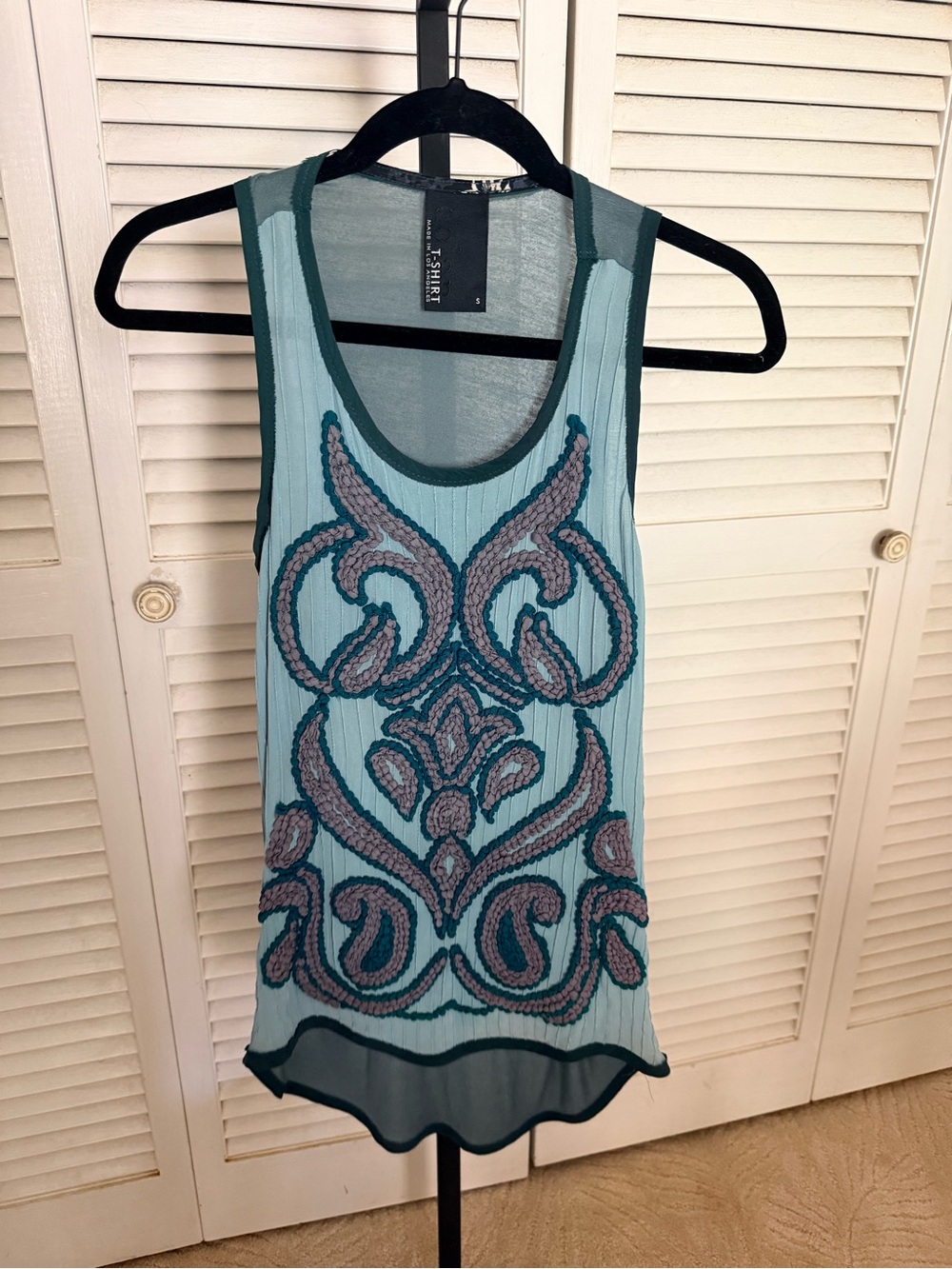 dolan Aqua Embroidered Sheer Tank with Teal Trim